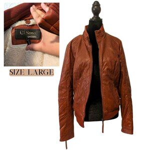 Ci Sono by Cavalini Quilted Faux Leather Jacket Sherpa Lined Brown - Large